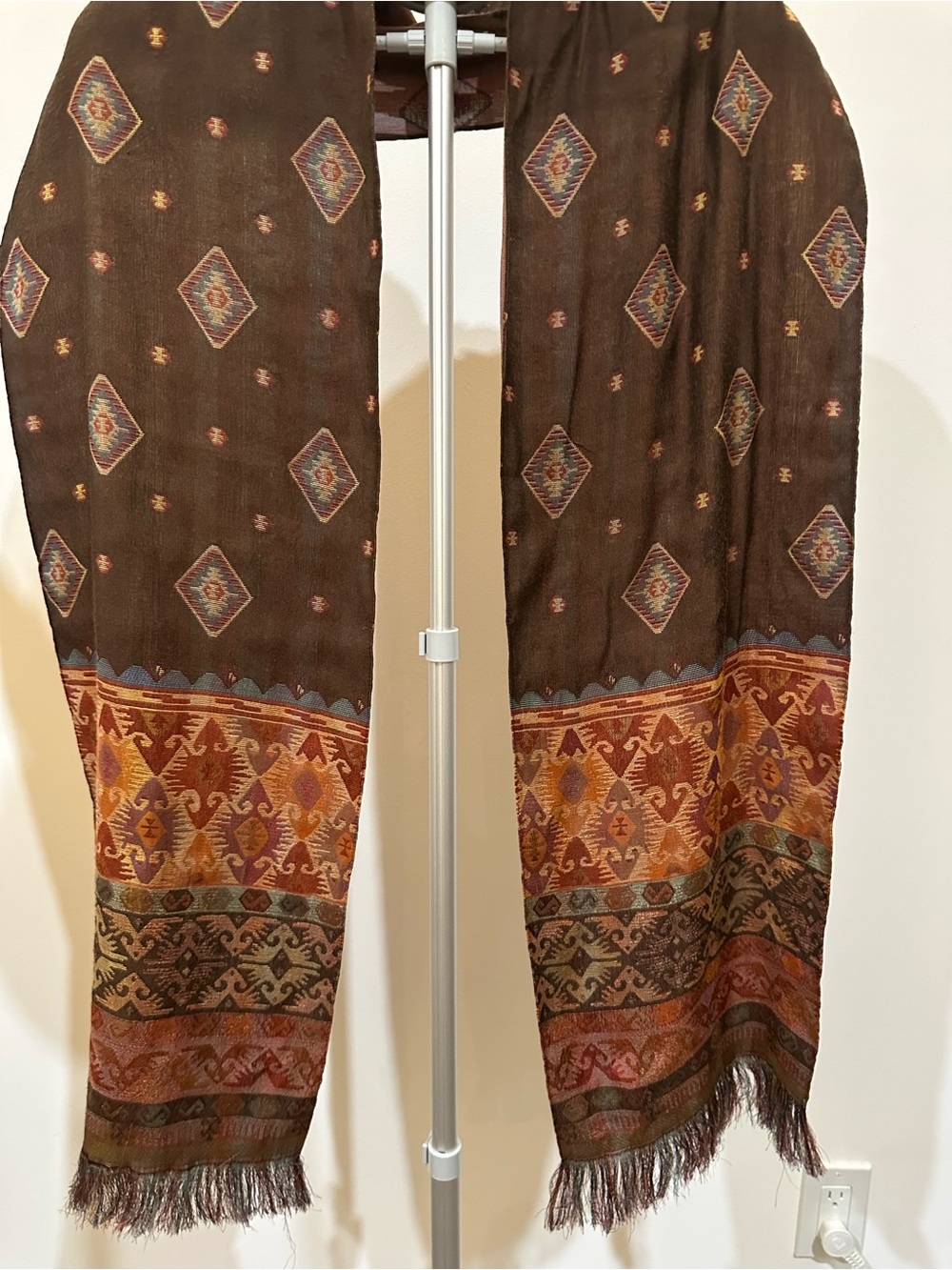 Southwestern Aztec Boho Woven Fringe Shawl Scarf Wrap Brown Rust Teal